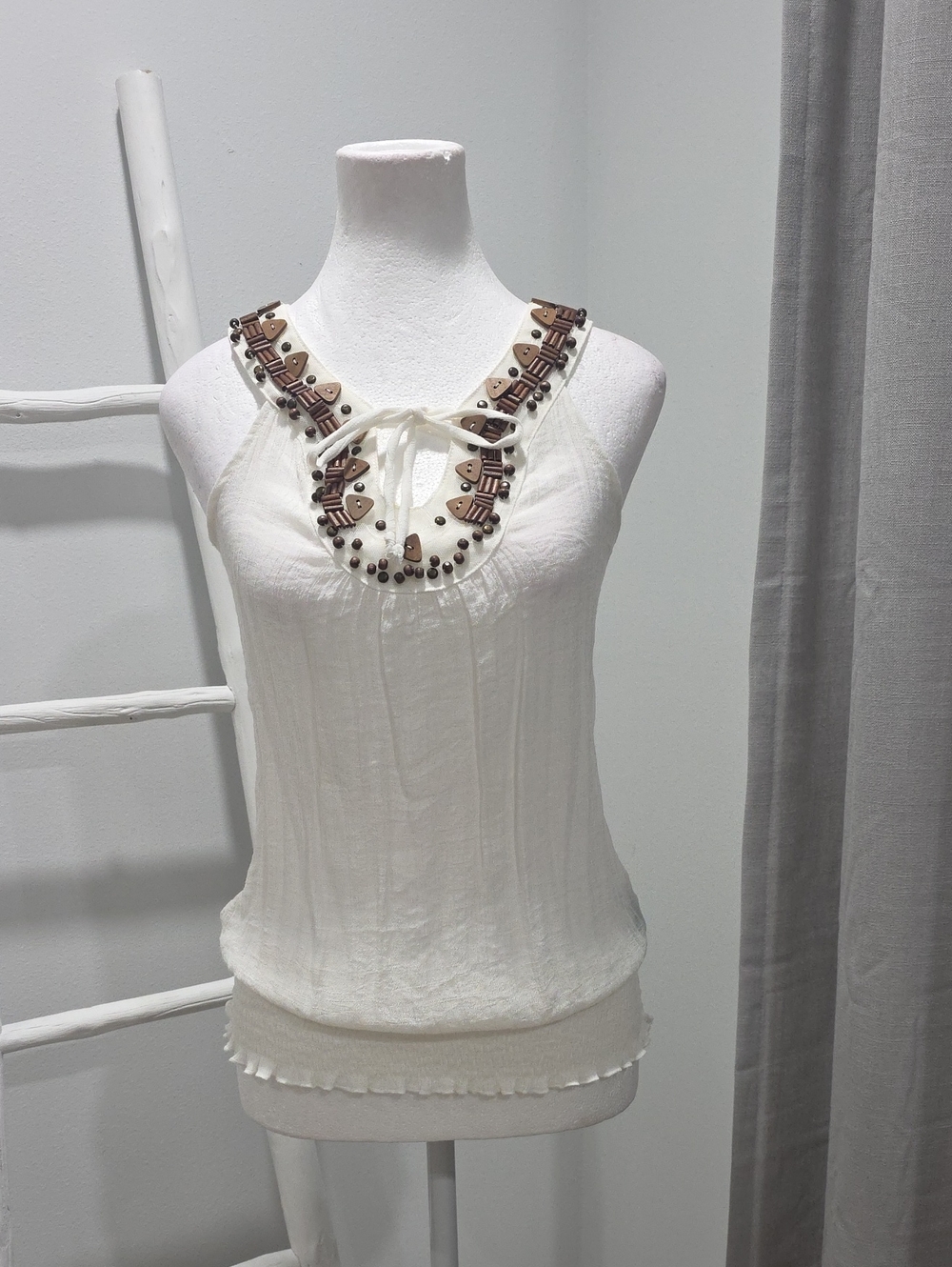 Embellished Ivory Halter Stretch Smocked Tank Top with Tie Neck